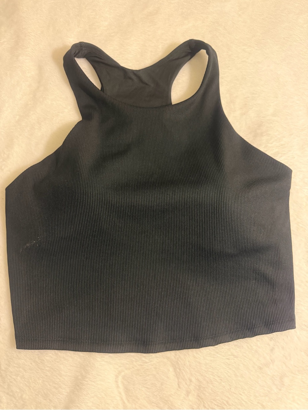 all in motion black racerback high neck padded crop tank.